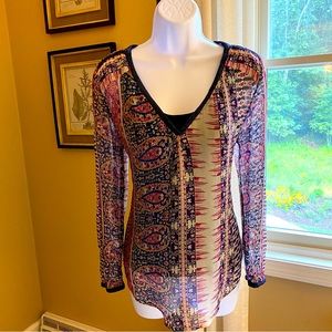 Lucky Brand chiffon blouse. Navy, magenta and white.  Size Medium